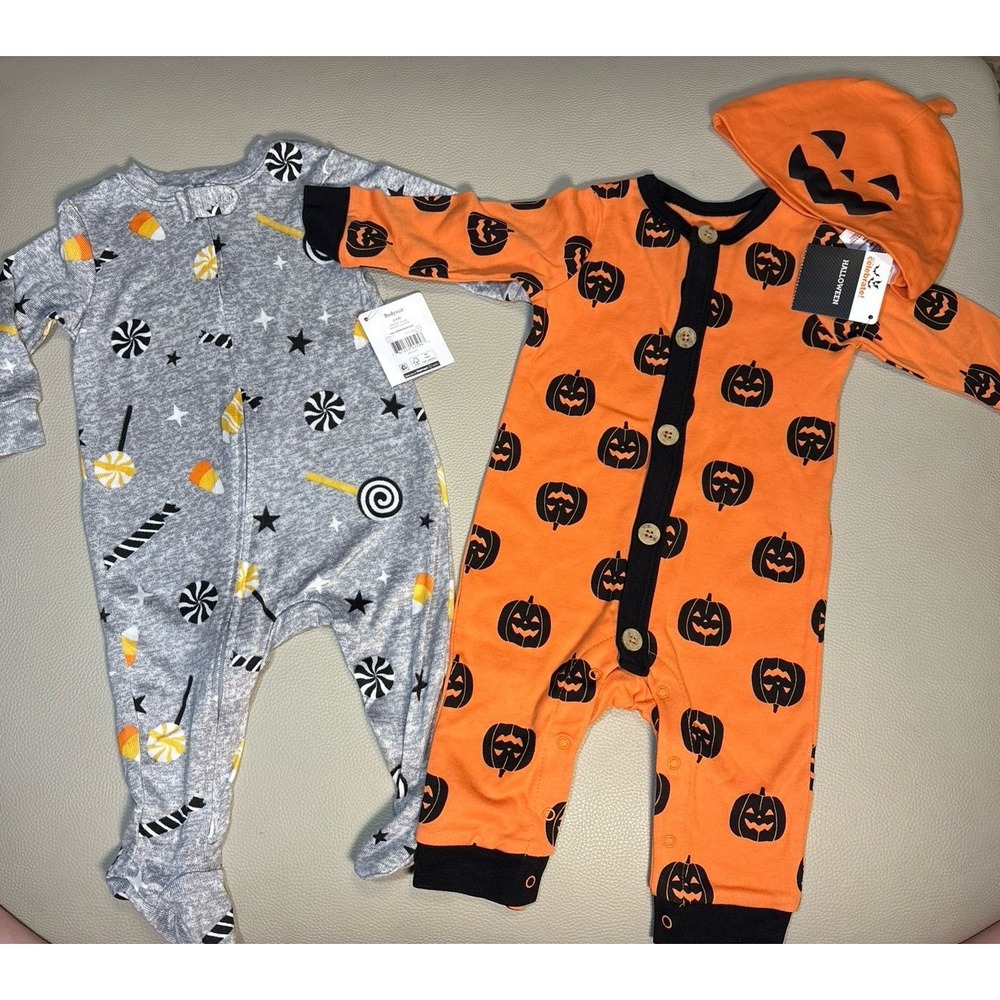 Baby size 3-6 months Halloween Pumpkin Baby Onesie outfit with Hat & sleeper NWT